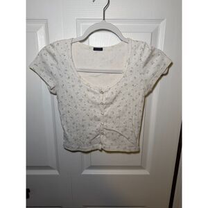 Brandy Melville White Floral Ribbed Button Front Crop Top Women's Small